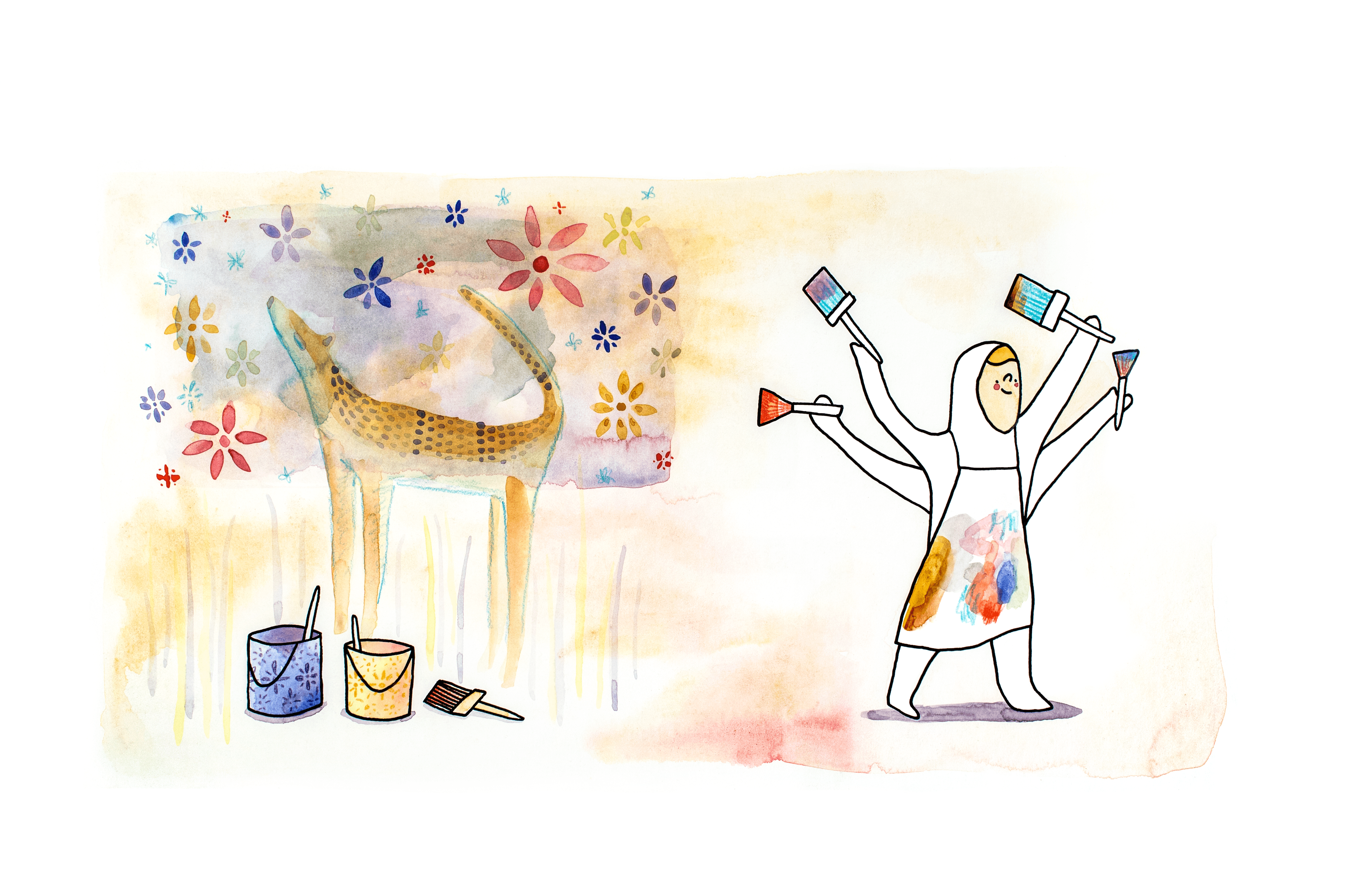 Image of child artist with pain brushes and a painting of an animal with paint buckets. From the book Today I'm Playing Dress-Ups by Tyger Lee Illustrated by David Abrahams Michael.