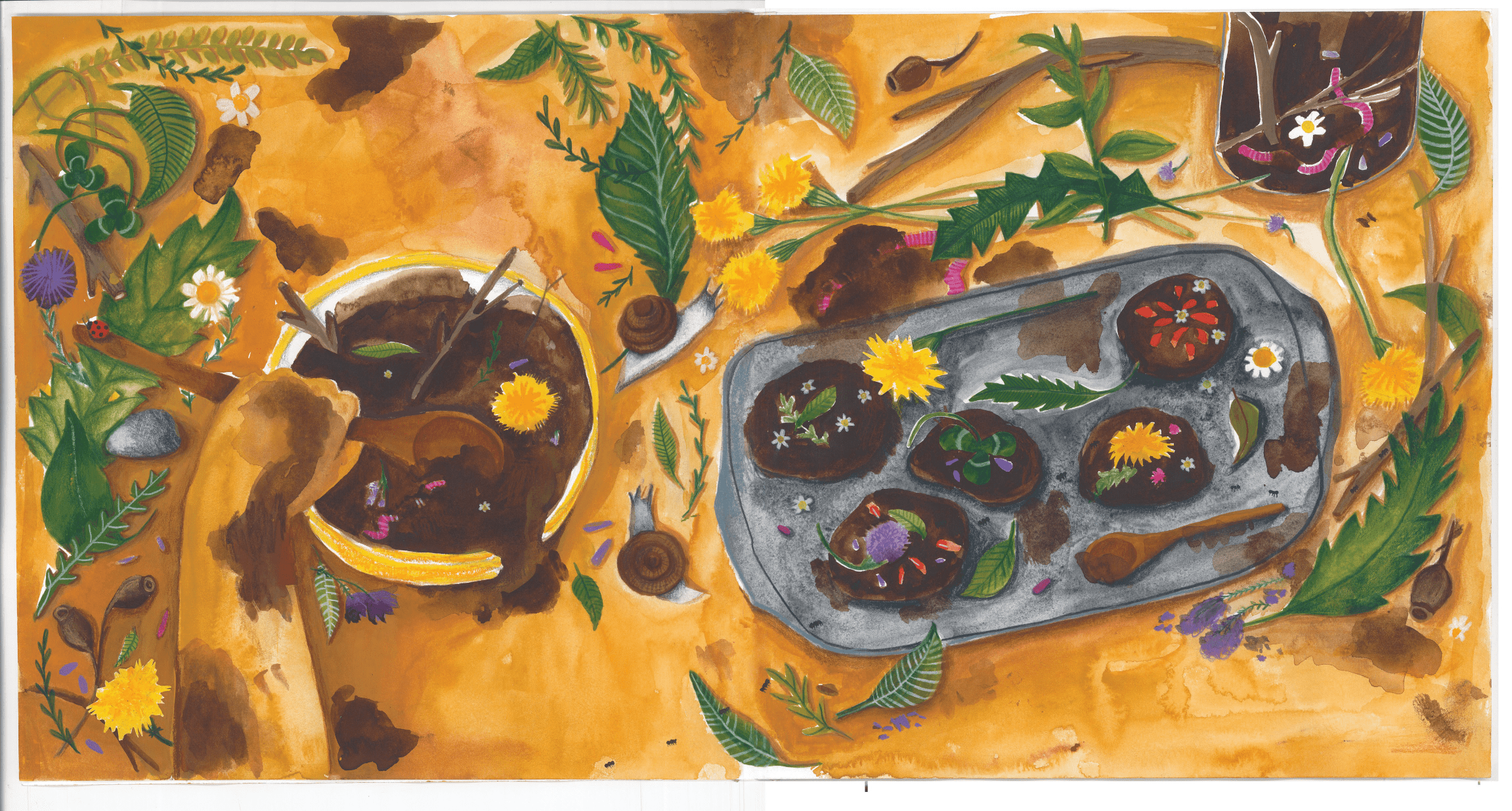 Illustration from the book "In My Mud Kitchen". there is a baking tray with mud pies with flowers petals and plants. there is a hand stirring mud in a yellow bowl. The ground has plants and flowers scattered about.