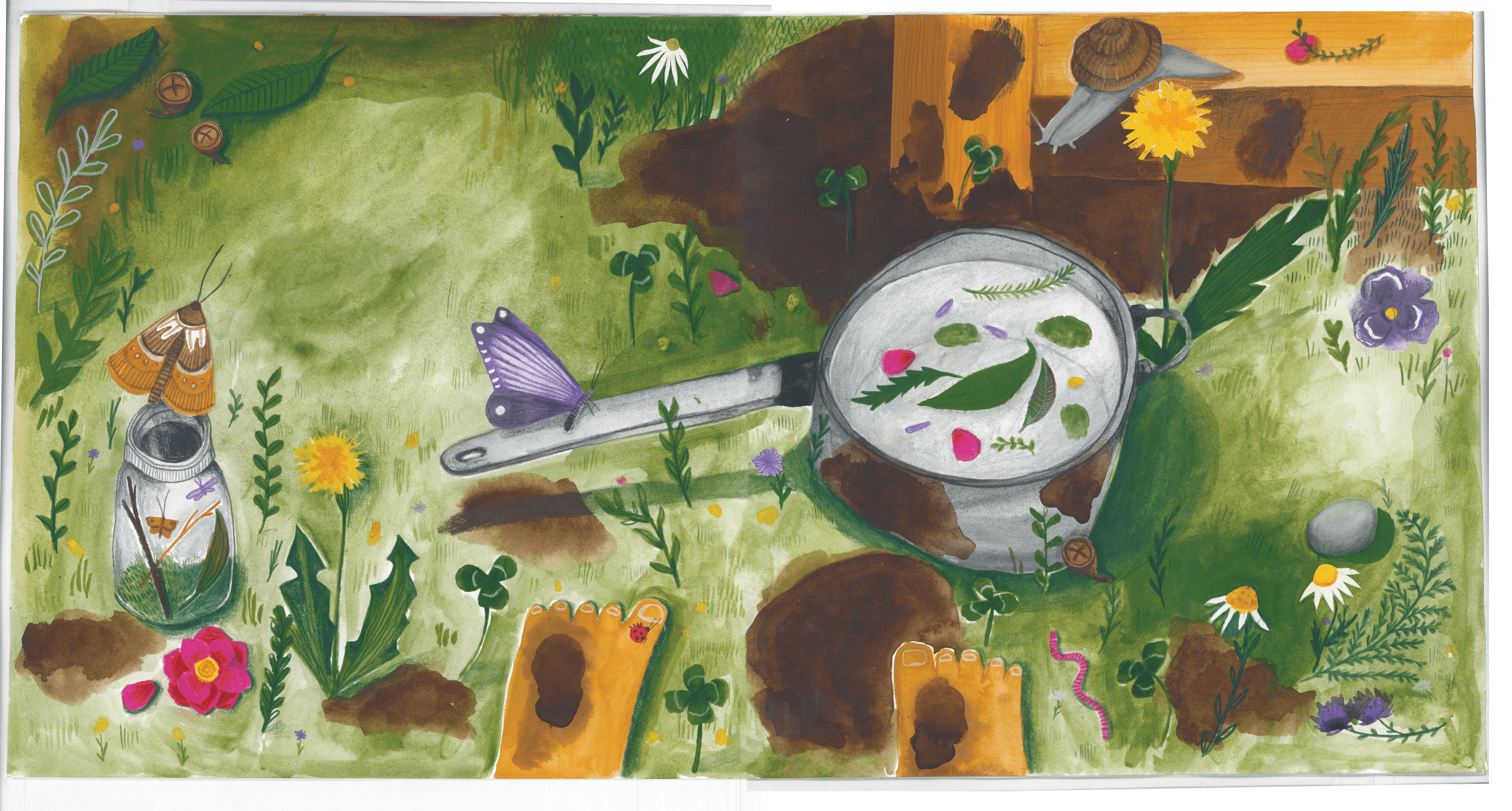 Illustration from the book "In My Mud Kitchen". There is a pot with leaves and petals on the ground in the garden, there are insects and flowers and plants growing in the grass. there are feet at the bottom of the image with a lady bug.