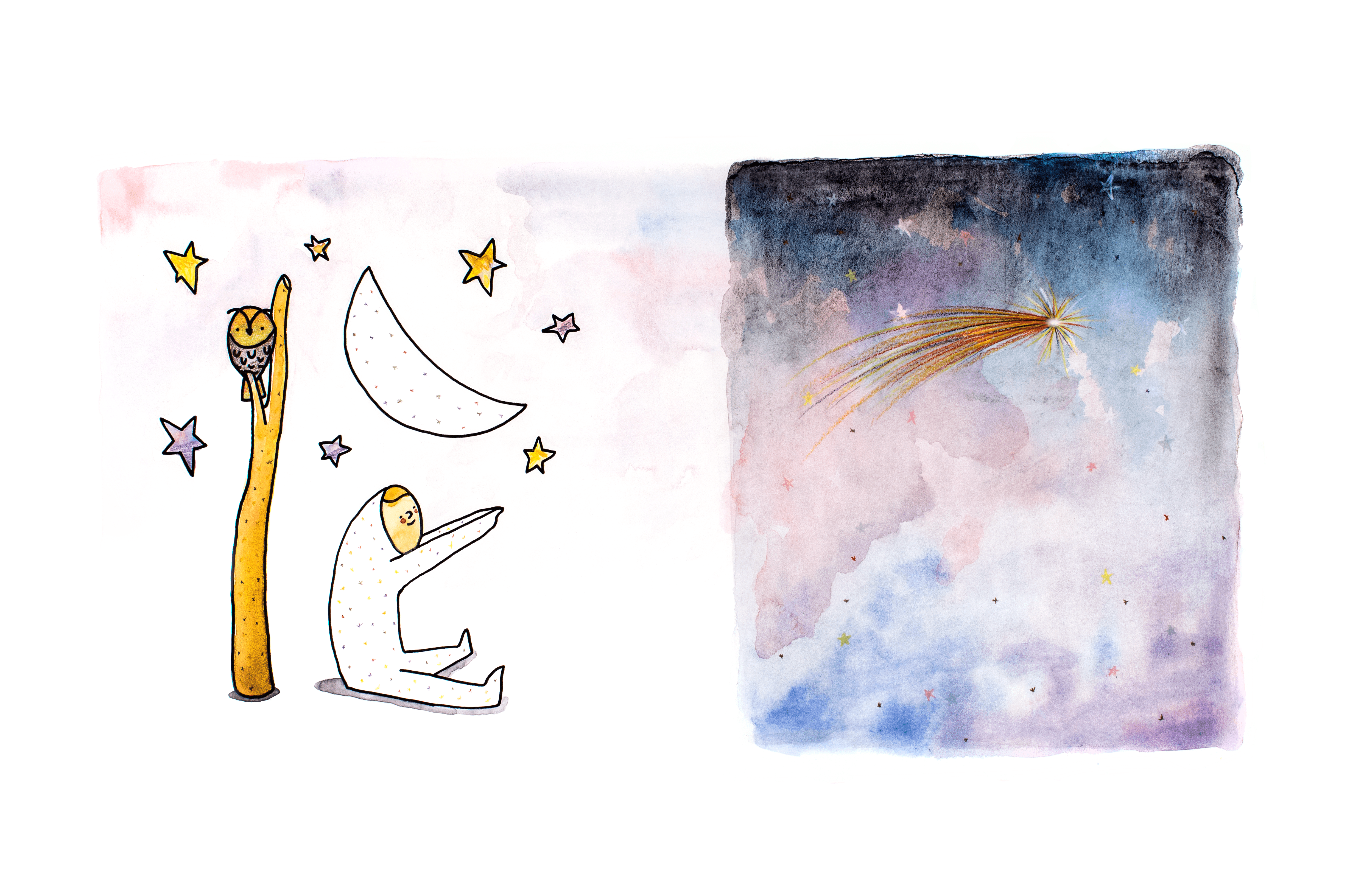 Image of child sitting with stars and moon above them looking at a shooting star.