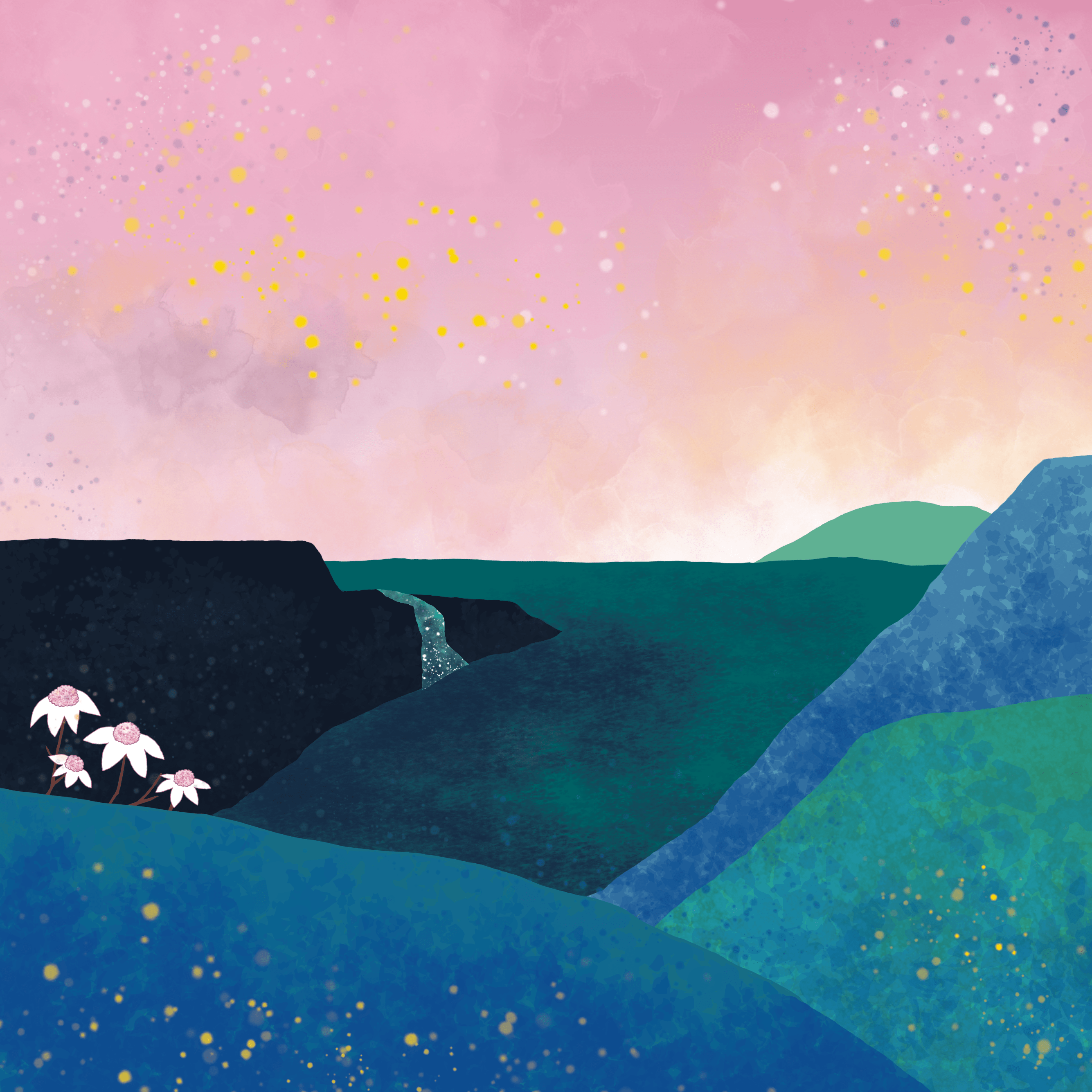 illustration from the cover of good morning blue mountains by Skye Taylor. there are moutains and the sky is pink from the sunrise. there are some flannel flowers at the front of the image
